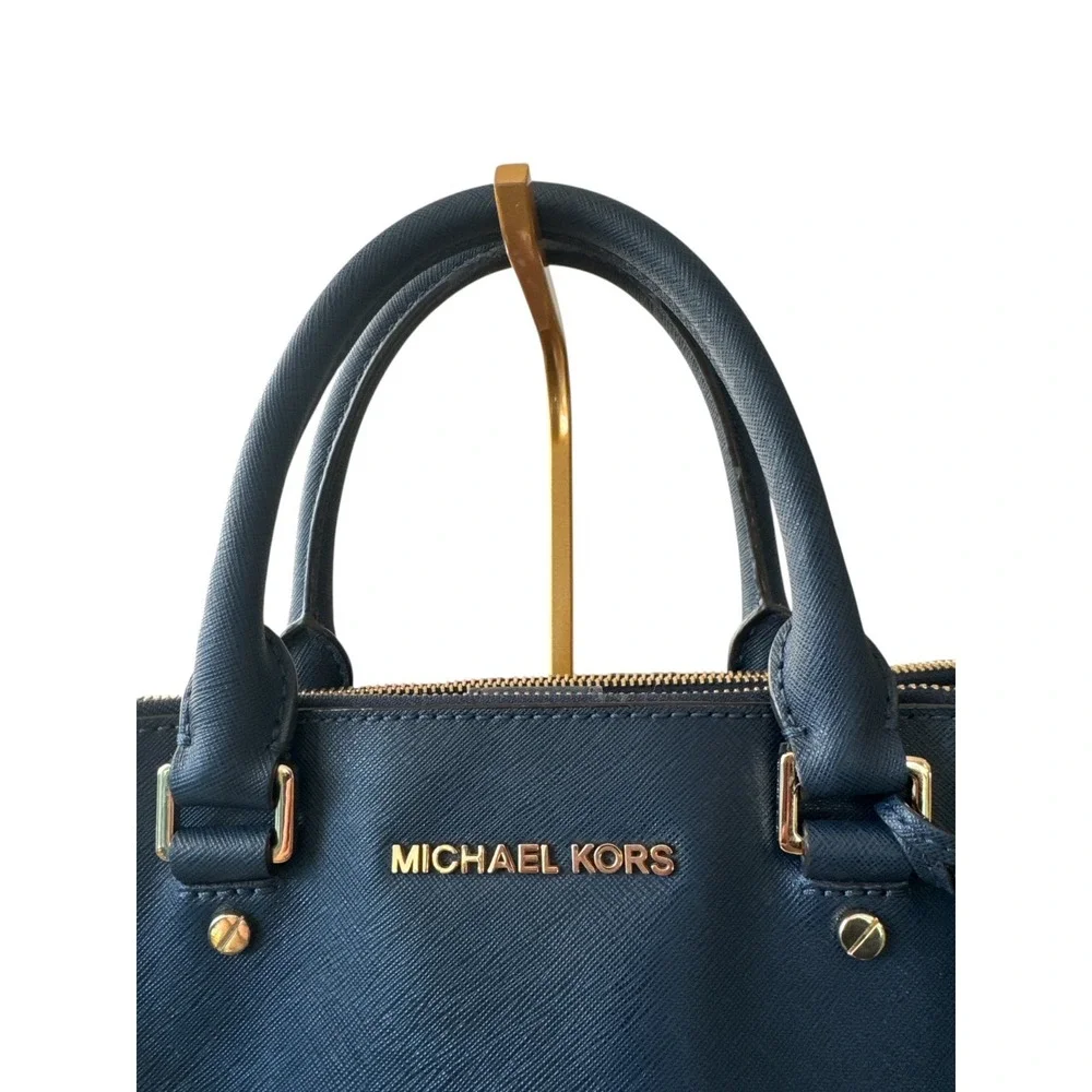 Michael Kors Sutton Medium Satchel Navy Saffiano Leather Handbag Gold‎ MK Charm